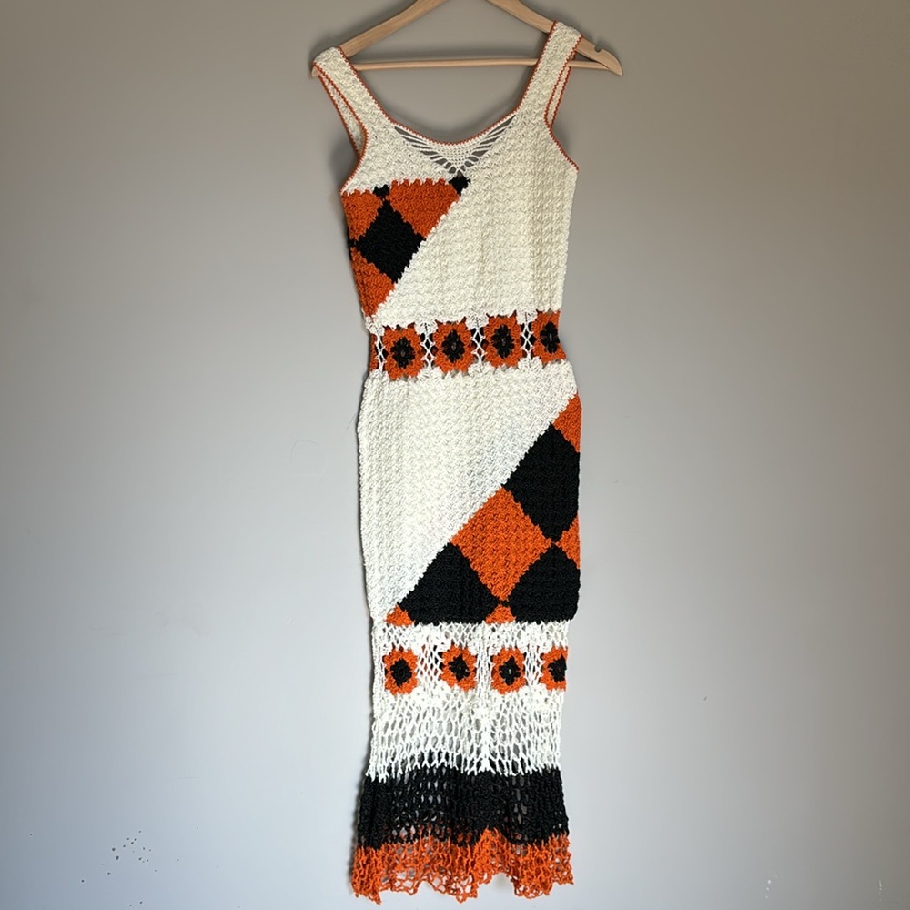 Crochet Sleeveless Maxi Dress in White, Orange & Black
